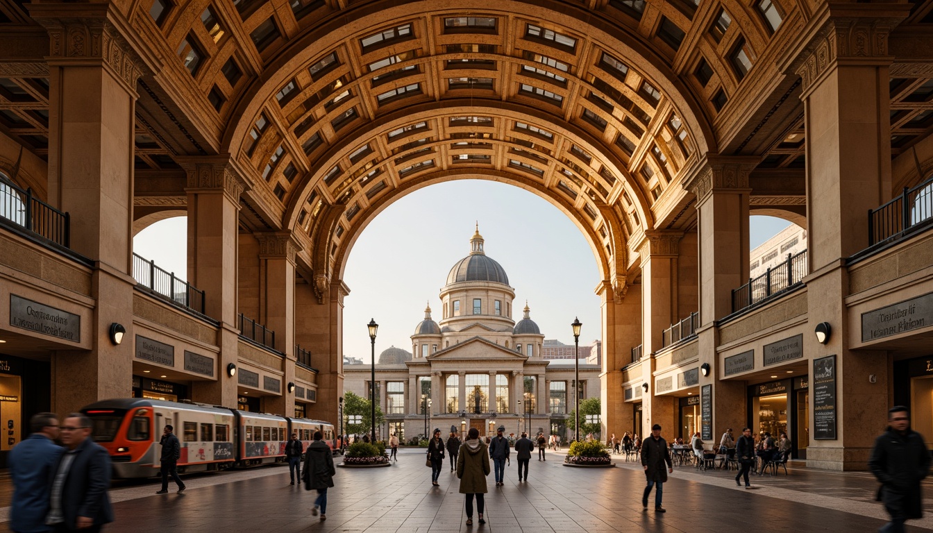 Prompt: Grand metro station, Romanesque archways, vaulted ceilings, ornate columns, intricate stone carvings, warm golden lighting, busy urban atmosphere, rushing pedestrians, modern transportation systems, sleek trains, futuristic displays, advanced signage, polished marble floors, grand staircases, elegant chandeliers, symmetrical compositions, shallow depth of field, 1/1 aspect ratio, soft warm colors, realistic textures, ambient occlusion.