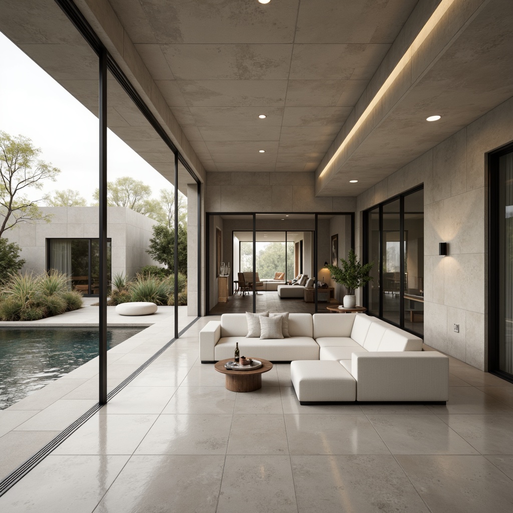 Prompt: Minimalist villa, clean lines, monochromatic color scheme, natural stone walls, large windows, sliding glass doors, open floor plan, sparse furnishings, elegant lighting fixtures, subtle textures, warm neutral tones, serene atmosphere, soft diffused light, shallow depth of field, 3/4 composition, panoramic view, realistic renderings, ambient occlusion.