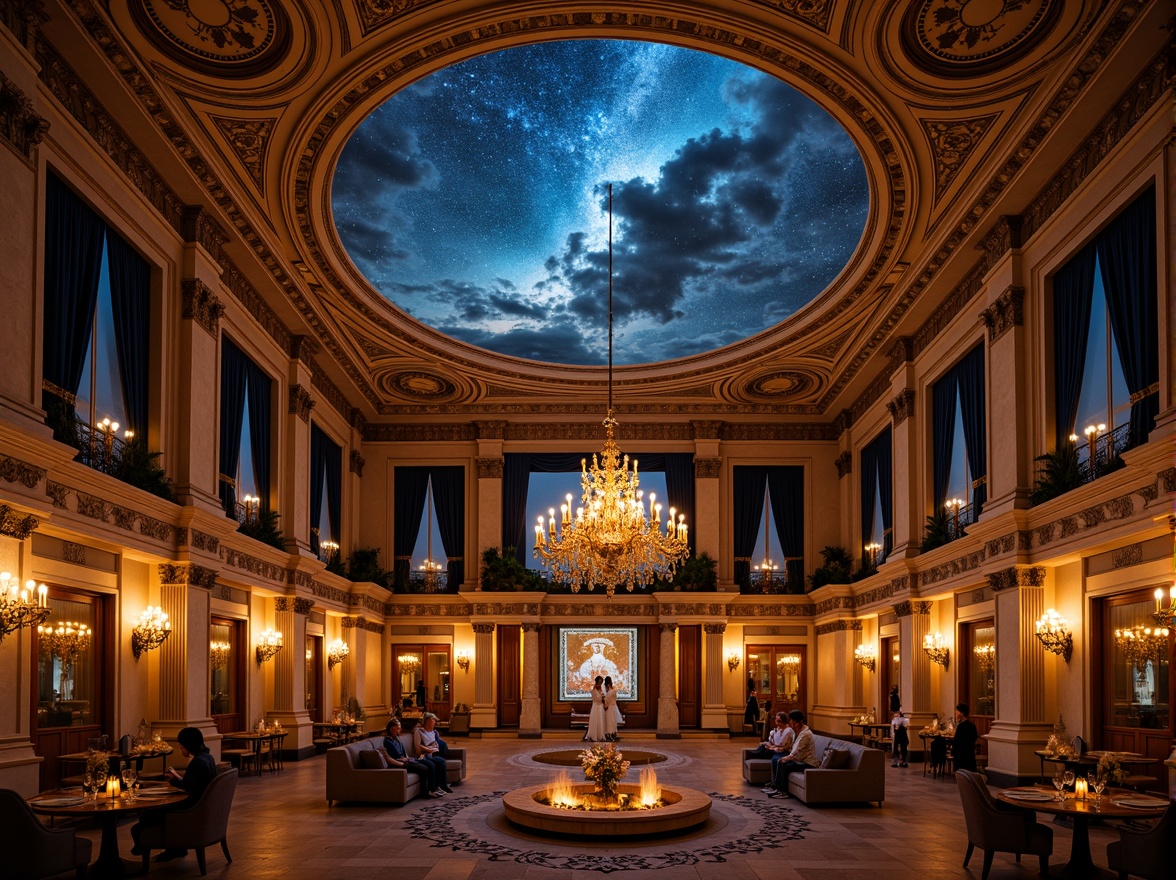 Prompt: Ornate planetarium, celestial bodies, starry night sky, golden chandeliers, crystal droplets, soft warm glow, candelabras, intricate moldings, rich velvet drapes, ornamental frescoes, gilded details, luxurious ambiance, dimmable LED lights, fiber-optic stars, projection mapping, 3D astronomical visuals, dramatic lighting transitions, celestial music accompaniment, mystical atmosphere, romantic seating areas, intimate cocktail bars.