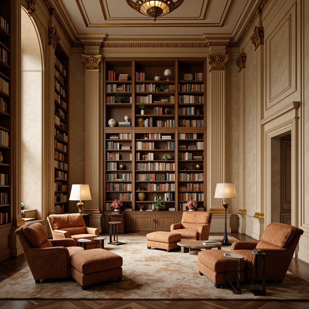 Prompt: Elegant neoclassical library, ornate details, rich wood tones, cream marble columns, intricate moldings, gilded accents, warm beige walls, soft velvety carpets, tufted leather armchairs, bronze lamp fixtures, subtle golden lighting, classical proportions, symmetrical composition, shallow depth of field, 2/3 perspective, realistic textures, ambient occlusion.