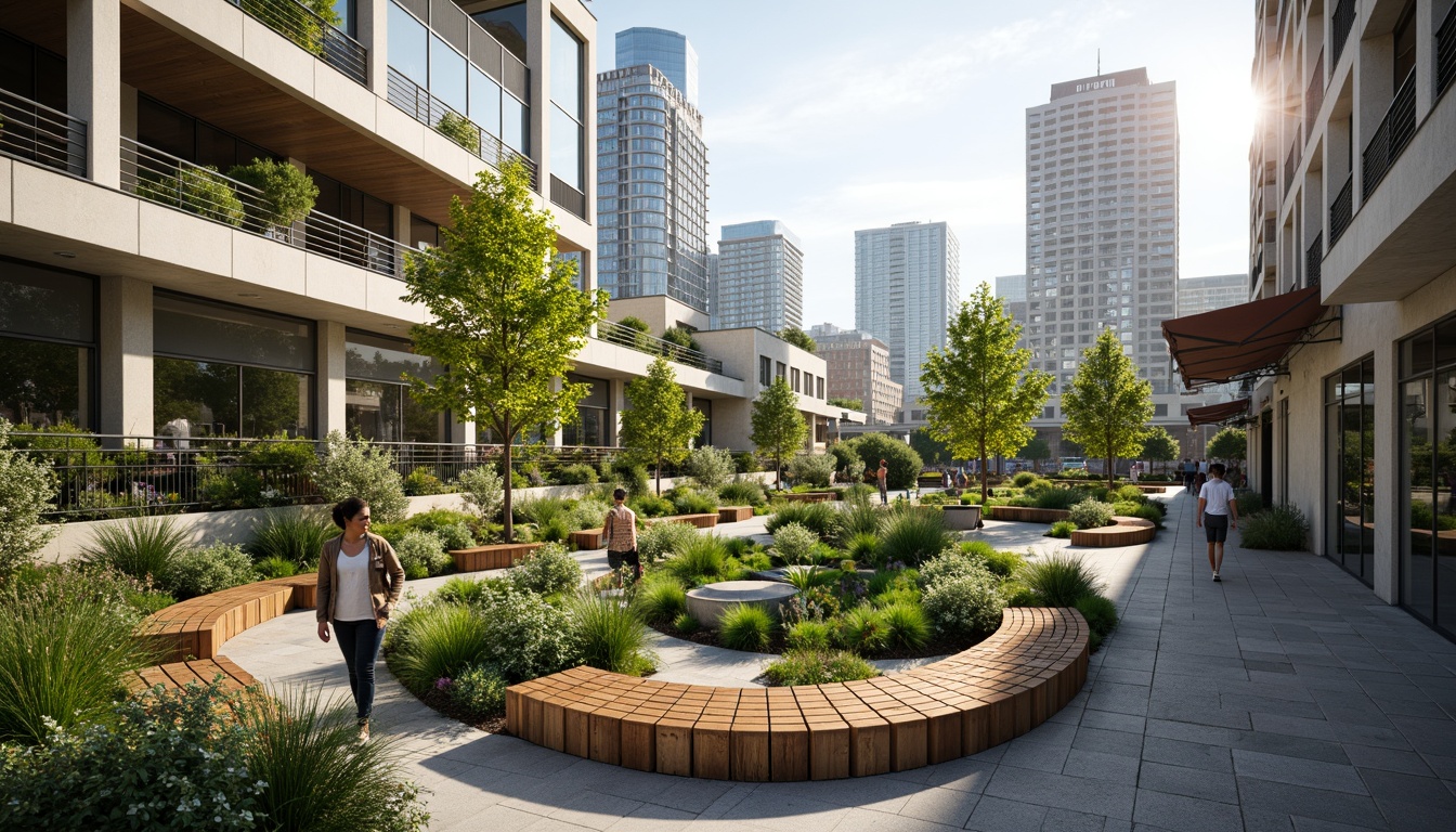 Prompt: Vibrant urban oasis, lush green roofs, native plant species, natural stone walls, curved wooden benches, modern glass facades, elevated pedestrian walkways, cantilevered canopies, panoramic city views, bustling street scenes, morning sunlight, soft diffused lighting, shallow depth of field, 3/4 composition, realistic textures, ambient occlusion.