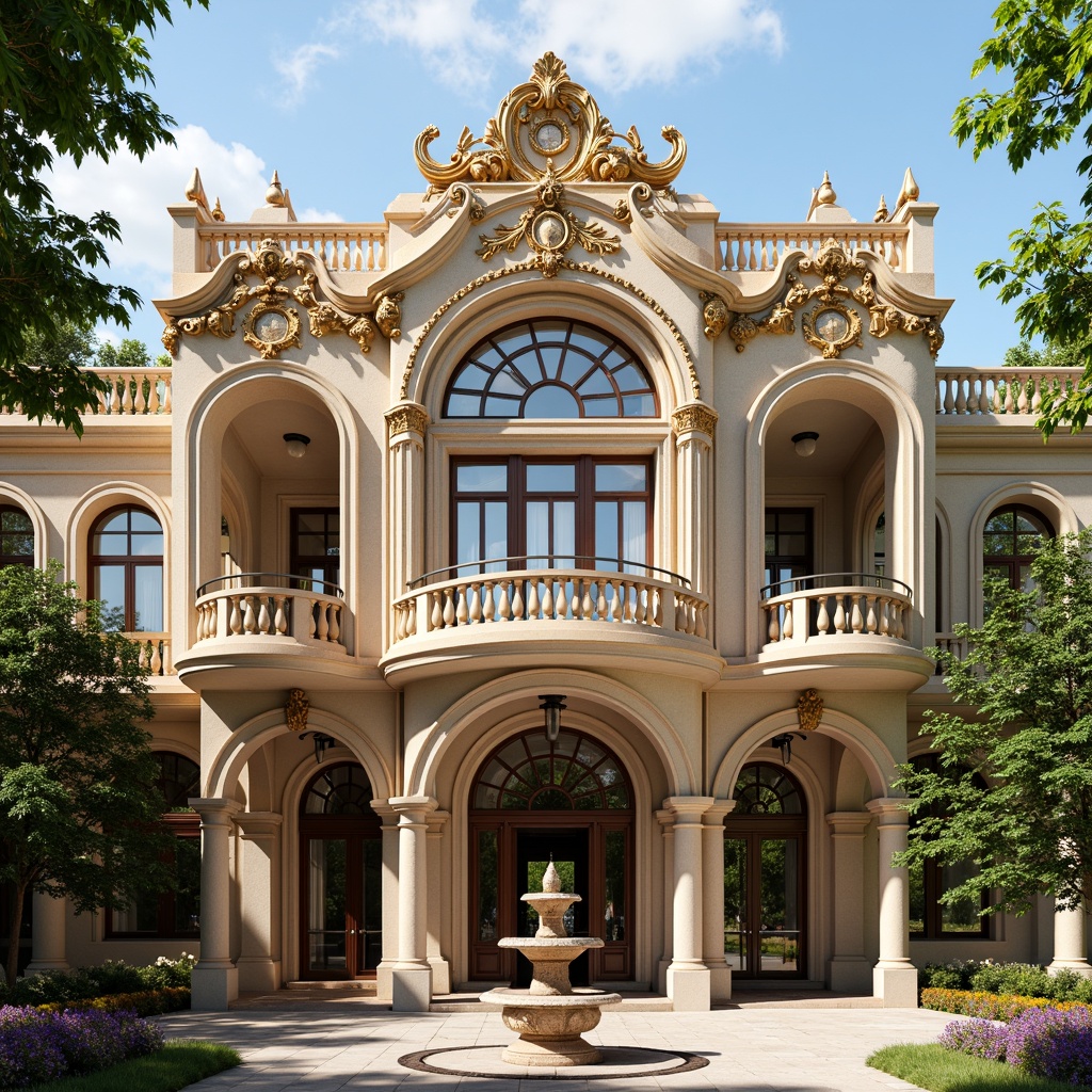 Prompt: Ornate Baroque palace, grandiose facade, intricate stone carvings, ornamental balconies, lavish decorations, golden accents, curved lines, dramatic arches, opulent details, rich textures, warm beige colors, soft natural lighting, shallow depth of field, 1/2 composition, symmetrical view, realistic reflections, ambient occlusion, ornate gates, decorative fountains, lush greenery, vibrant flowers, sunny day.