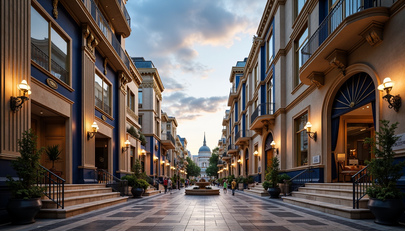 Prompt: Majestic buildings, Prussian blue accents, golden ornaments, luxurious marble floors, intricate moldings, ornate columns, grand staircases, dramatic archways, lavish chandeliers, rich velvet drapes, opulent furnishings, majestic cityscape, cloudy sky with warm sunlight, soft focus, shallow depth of field, 1/2 composition, symmetrical framing, realistic textures, ambient occlusion.