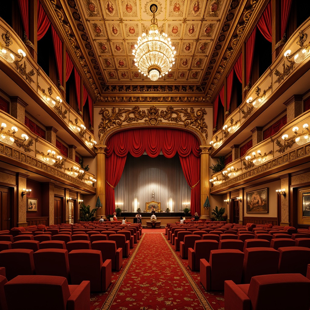 Prompt: Luxurious opera house interior, rich velvet drapes, ornate golden accents, intricate Baroque patterns, grand chandeliers, plush red carpets, ornamental metalwork, marble columns, crystal sconces, dramatic spotlights, warm golden lighting, shallow depth of field, 1/1 composition, symmetrical architecture, neoclassical style, opulent furnishings, lavish decorations, gilded moldings, patterned upholstery, intricate carvings, majestic grandeur, elegant ambiance.