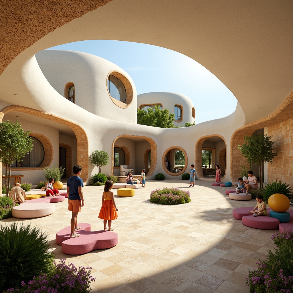 Prompt: Whimsical kindergarten, curved organic shapes, soft pastel colors, natural wood accents, playful rounded edges, inviting open spaces, cozy reading nooks, vibrant greenery, wavy patterned floors, textured stone walls, earthy tone brick buildings, modern blob-like architecture, large circular windows, transparent glass doors, sunny day, warm soft lighting, shallow depth of field, 1/1 composition, panoramic view, realistic textures, ambient occlusion.