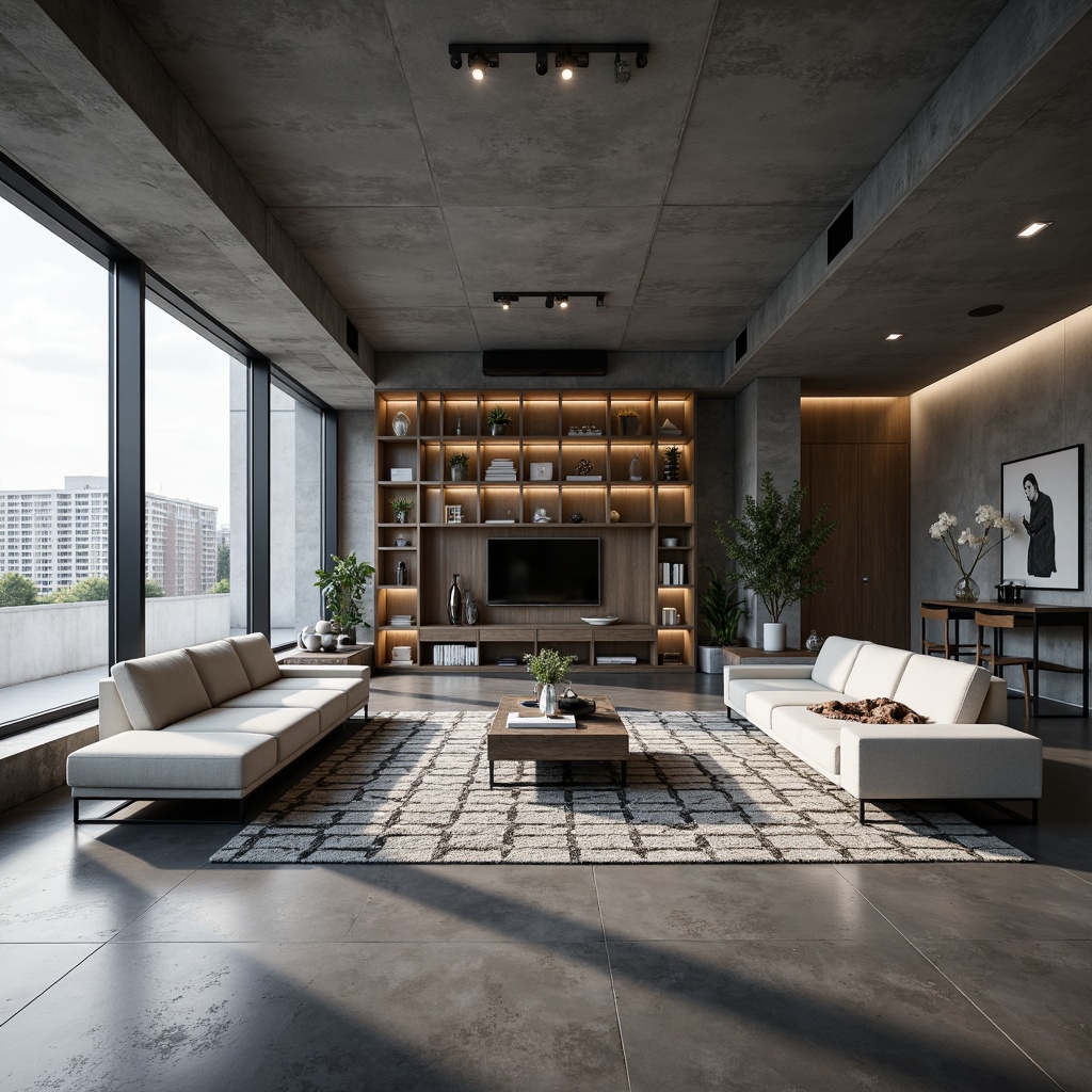 Prompt: Minimalist living room, sleek low-profile furniture, monochromatic color scheme, polished concrete floors, floor-to-ceiling windows, natural light, urban loft atmosphere, industrial-chic decorative accents, metallic lighting fixtures, geometric patterned rugs, modular shelving units, hidden storage compartments, ergonomic seating arrangements, ambient soft lighting, shallow depth of field, 2/3 composition, realistic textures, subtle gradient effects.