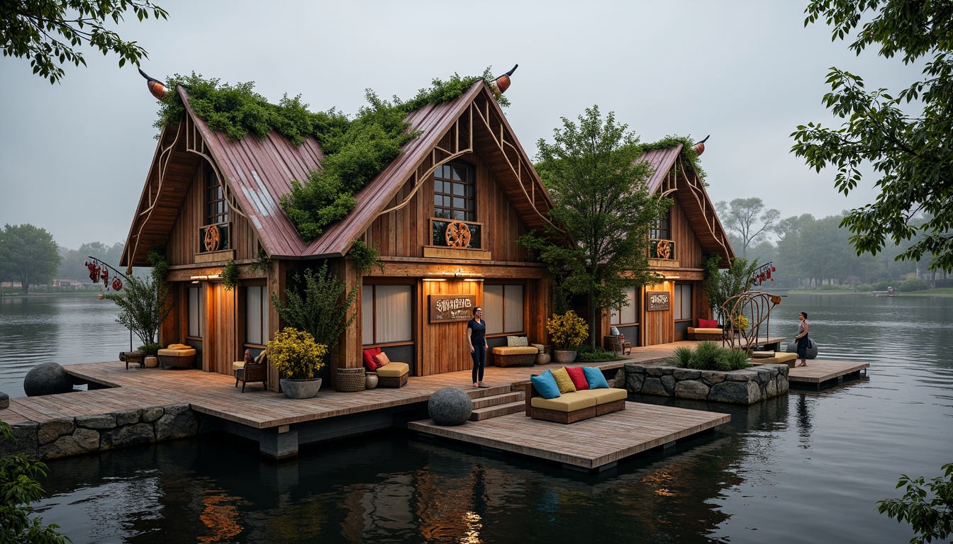 Prompt: Whimsical boathouse, eclectic roof design, rusty corrugated metal, distressed wood accents, vintage nautical elements, ornate copper fixtures, playful weathered signs, lush greenery overhangs, meandering vines, soft warm lighting, shallow depth of field, 1/1 composition, rustic wooden dock, serene lake views, misty morning atmosphere, intricate wooden trusses, colorful eclectic textiles, plush furnishings, natural stone foundation, asymmetrical rooflines, dynamic angular shapes.