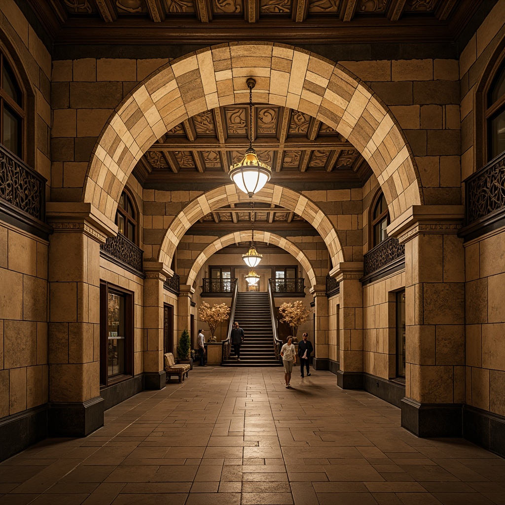 Prompt: Romanesque-style metro station, ornate masonry details, rusticated stone walls, rounded arches, ribbed vaults, groin vaults, heavy stone columns, intricate carvings, grand staircases, ornate railings, earthy color palette, warm artificial lighting, shallow depth of field, 1/1 composition, symmetrical framing, realistic textures, ambient occlusion.