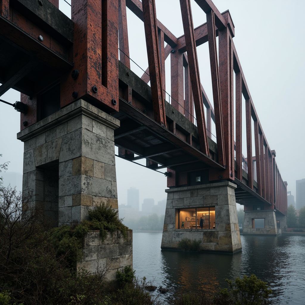 Prompt: Rustic steel bridges, industrial aesthetics, exposed structural elements, brutalist-inspired design, rugged stone piers, weathered wooden accents, distressed metal textures, bold geometric forms, monumental scale, dramatic lighting effects, misty atmospheric conditions, 1/1 composition, low-angle shot, cinematic mood, realistic renderings.