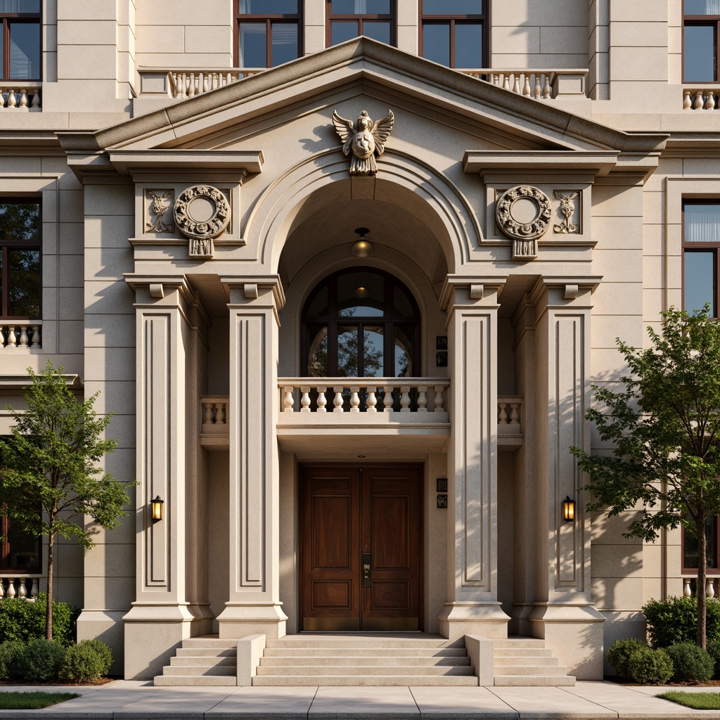 Prompt: Grand neoclassical library facade, ornate stone carvings, ionic columns, symmetrical composition, intricately designed arches, grand entrance doors, bronze door handles, limestone walls, tall windows, ornamental roof balustrades, classical pediments, rusticated bases, carved marble details, soft warm lighting, shallow depth of field, 2/3 composition, realistic textures, ambient occlusion.