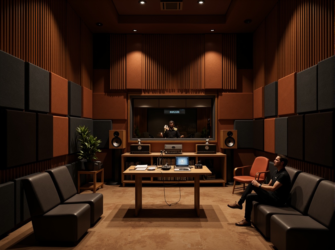 Prompt: Soundproof recording studio, dimly lit atmosphere, wood paneling, sound-absorbing materials, acoustic foam panels, diffusers, bass traps, professional audio equipment, mixing console, microphones, headphones, sound engineers, optimal reverberation time, precise sound wave manipulation, warm and intimate ambiance, spot lighting, ergonomic furniture, high-quality cabling, noise reduction technologies, detailed sound frequency analysis, harmonic distortion minimization.