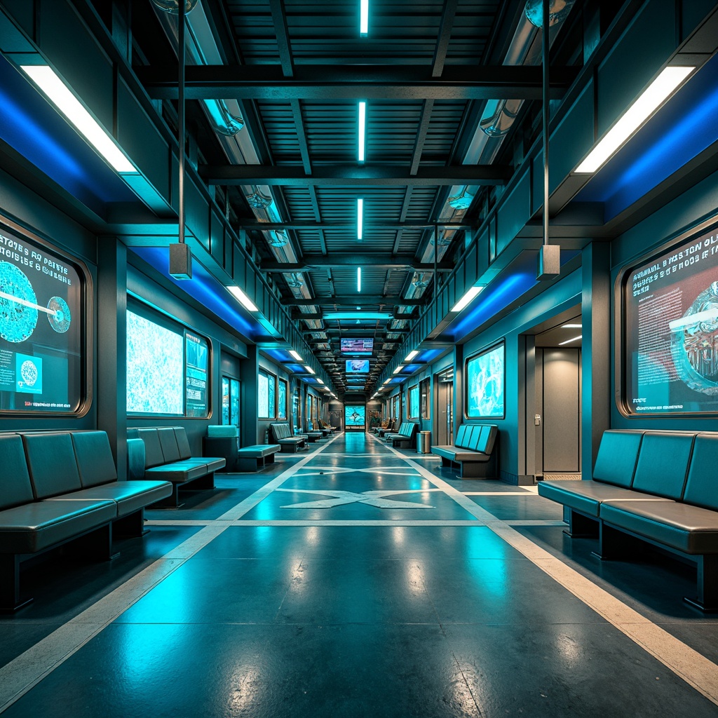 Prompt: Futuristic tram station, sleek metal beams, LED light installations, neon color accents, dynamic digital displays, high-gloss floors, minimalist seating areas, modern information boards, vibrant blue and green hues, metallic silver tones, abstract geometric patterns, atmospheric misting systems, shallow depth of field, 3/4 composition, panoramic view, realistic reflections, ambient occlusion.