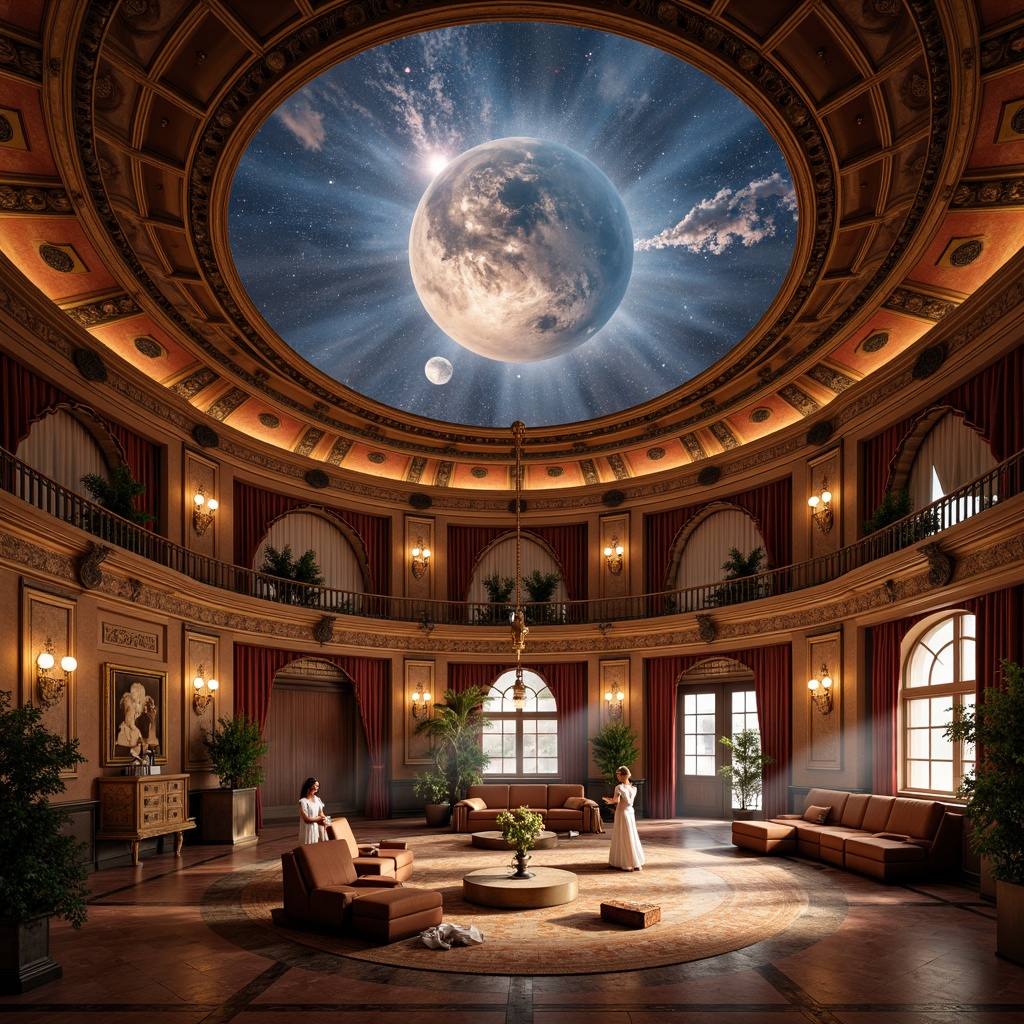 Prompt: Ornate planetarium, richly patterned ceilings, grandiose chandeliers, intricately carved wooden panels, luxurious velvet drapes, ornamental mirrors, gilded accents, lavish furniture, curved lines, dramatic lighting, atmospheric fog effects, starry night sky projections, celestial body displays, astronomical instruments, Baroque-inspired arches, opulent marble floors, majestic columns, regal throne-like seating, warm golden tones, soft focus, shallow depth of field, 1/2 composition, romantic ambiance.