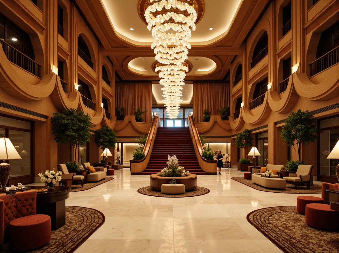 Prompt: Luxurious hotel lobby, flowing curves, ornate chandeliers, polished marble floors, velvet drapes, grand staircase, opulent furnishings, lavish decorations, warm golden lighting, soft focus blur, shallow depth of field, 1/2 composition, elegant lines, refined textures, subtle ambient occlusion.