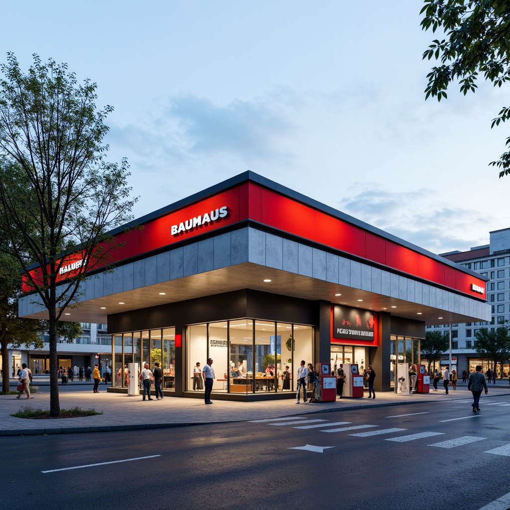 Prompt: Functional gas station, Bauhaus style, rectangular form, flat roof, large windows, steel beams, concrete walls, industrial materials, bold typography, geometric shapes, primary color scheme, functional lighting, minimalist design, modernist architecture, urban landscape, busy streets, cityscape, morning light, shallow depth of field, 1/1 composition, realistic textures, ambient occlusion.