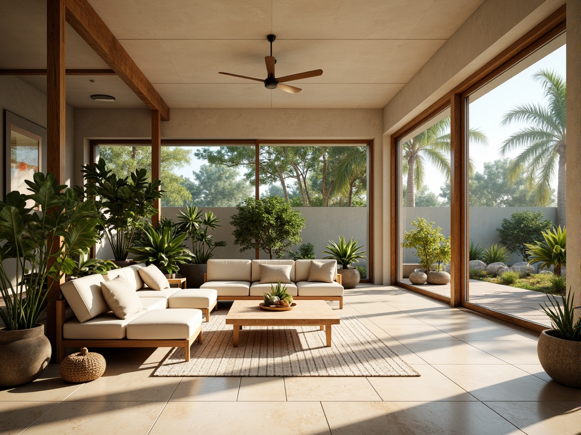 Prompt: Vibrant open-plan living space, floor-to-ceiling windows, sliding glass doors, natural stone flooring, minimalist interior design, warm beige color scheme, lush greenery, potted plants, wooden accents, organic textures, indirect soft lighting, morning sunlight, airy atmosphere, 1/1 composition, shallow depth of field, realistic renderings.