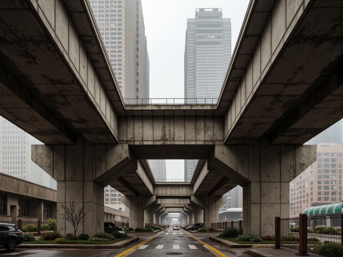 Prompt: Rugged bridge structure, brutalist architecture, raw concrete textures, exposed ductwork, industrial aesthetic, reinforced steel beams, angular pillars, cantilevered sections, asymmetrical design, weathered metal railings, urban cityscape, misty atmospheric conditions, soft warm lighting, shallow depth of field, 2/3 composition, cinematic framing, realistic rust and decay.