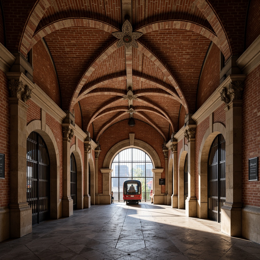 Prompt: Rustic metro station, arched brick ceilings, ornate stone carvings, grandiose columns, vaulted passageways, earthy tones, warm lighting, rough-hewn stonework, Romanesque Revival architecture, imposing entrance gates, intricate ironwork, terracotta tiles, sturdy brick walls, medieval-inspired details, atmospheric ambiance, soft shadows, 1/2 composition, dramatic focal point, realistic textures.