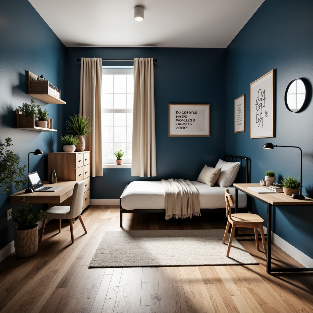 Prompt: Indigo-accented dorm rooms, minimalist furniture, functional simplicity, geometric shapes, primary color accents, industrial materials, metal frame beds, wooden desks, ergonomic chairs, abstract artwork, bold typography, monochromatic indigo walls, cream-colored bedding, natural textiles, Scandinavian-inspired decor, morning sunlight, soft warm lighting, shallow depth of field, 1/1 composition, realistic textures, ambient occlusion.