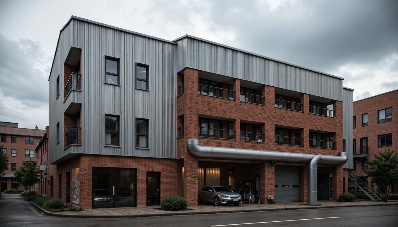 Prompt: Industrial-style factory building, galvanized steel exterior walls, fire brick accents, rugged urban landscape, overcast sky, dramatic lighting, intense shadows, bold architectural lines, raw metal textures, distressed finishes, exposed ductwork, mechanical equipment, concrete floors, industrial pipes, functional minimalism, monochromatic color scheme, high-contrast composition, sharp angular forms.