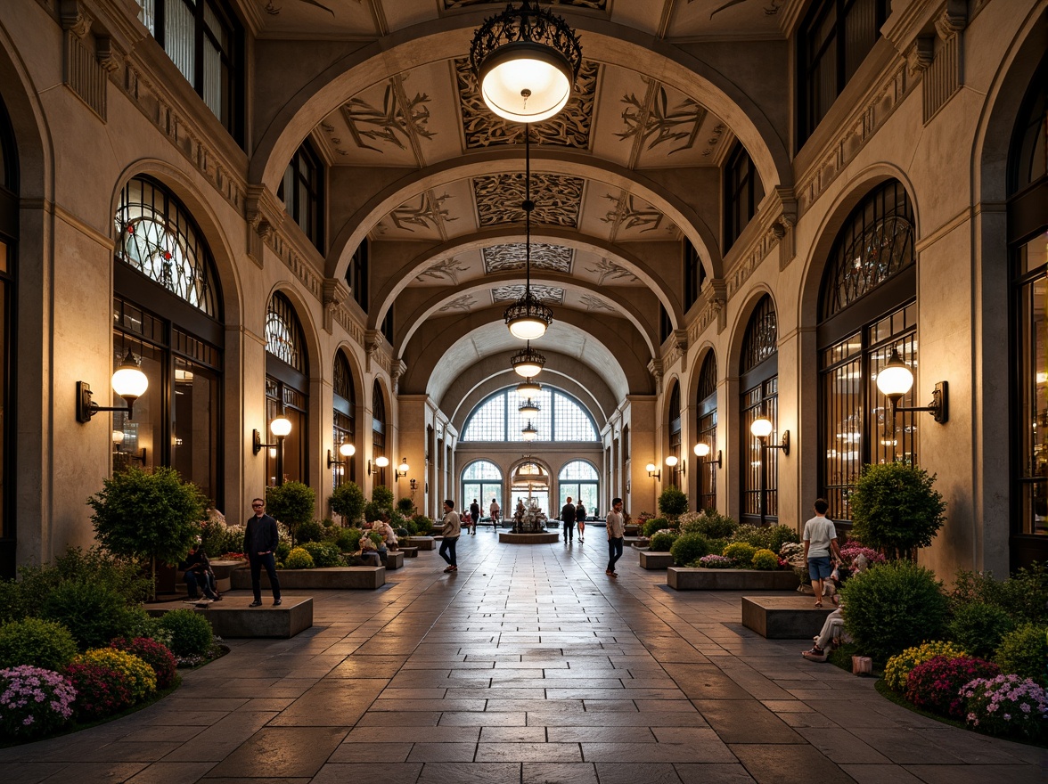 Prompt: Rustic metro station, Romanesque arches, weathered stone walls, ornate iron gates, grand entrance halls, high ceilings, stained glass windows, intricate mosaics, vintage lamp posts, lush greenery, blooming flowers, natural stone walkways, meandering water features, tranquil fountains, soft warm lighting, shallow depth of field, 3/4 composition, panoramic view, realistic textures, ambient occlusion.