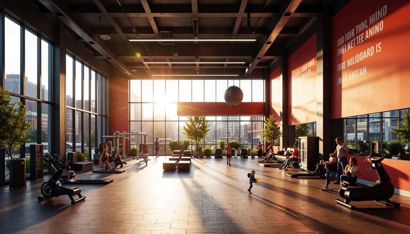 Prompt: Modern fitness club interior, high ceilings, large windows, natural lighting, wooden floors, sleek equipment, mirrored walls, motivational quotes, vibrant color scheme, energetic atmosphere, urban cityscape views, morning sunlight, soft warm glow, shallow depth of field, 3/4 composition, panoramic view, realistic textures, ambient occlusion.