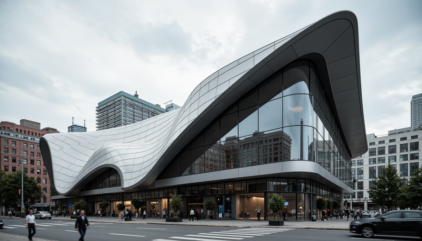 Prompt: Streamlined concert house facade, modernist architecture, curved lines, minimal ornamentation, monochromatic color scheme, metallic materials, glass accents, cantilevered balconies, asymmetrical composition, dynamic shapes, futuristic vibe, urban landscape, cityscape background, cloudy sky, soft natural light, shallow depth of field, 2/3 composition, cinematic view, realistic reflections, subtle ambient occlusion.