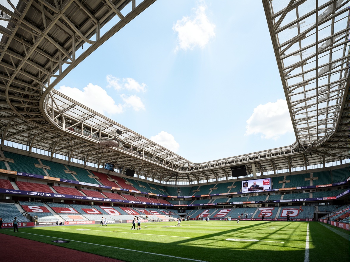 Prompt: Modern football stadium, lightweight steel framework, curved rooflines, translucent membrane panels, open-air concourses, tiered seating areas, vibrant team colors, lush green grass, athletic track lanes, goalposts, scoreboard displays, sunny day, dramatic shadowing, high-contrast lighting, shallow depth of field, 3/4 composition, panoramic view, realistic textures, ambient occlusion.