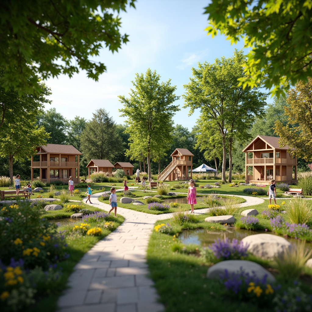 Prompt: Vibrant kindergarten playground, lush greenery, colorful flowers, wooden playhouses, winding pathways, natural stone benches, whimsical sculptures, educational signage, interactive water features, sensory gardens, butterfly-shaped planters, sunny day, soft warm lighting, shallow depth of field, 3/4 composition, panoramic view, realistic textures, ambient occlusion.