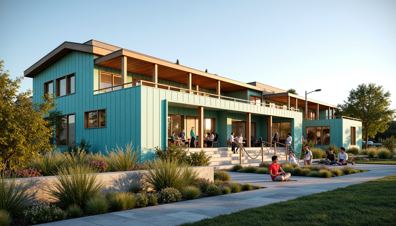 Prompt: Vibrant community center, fusion architecture, bold color scheme, turquoise accents, warm beige tones, rich wood textures, metal cladding, modern angular lines, dynamic geometric patterns, natural stone walls, lush green roofs, blooming flowers, sunny day, soft warm lighting, shallow depth of field, 3/4 composition, panoramic view, realistic textures, ambient occlusion.