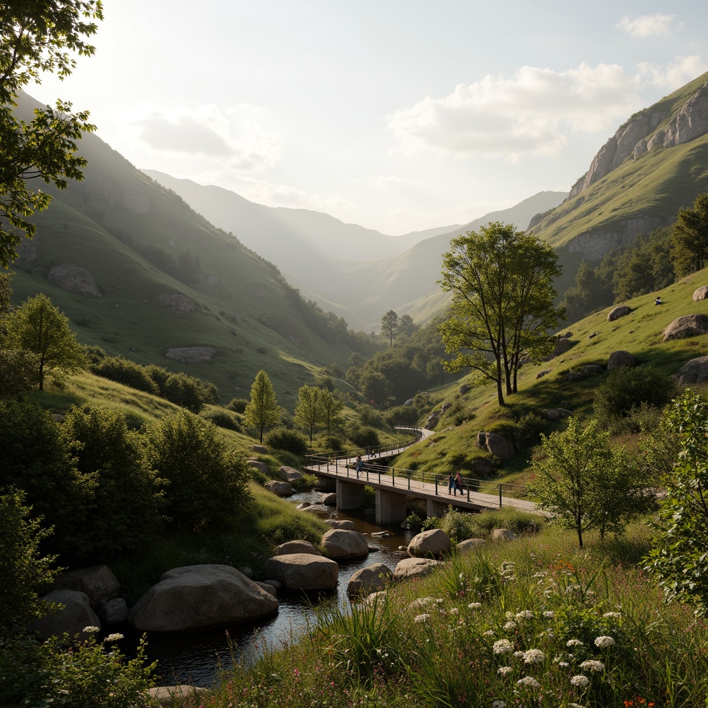 Prompt: Serene valley landscape, lush greenery, rolling hills, meandering streams, rustic wooden bridges, natural stone pathways, wildflowers, scenic overlooks, misty morning atmosphere, soft warm lighting, shallow depth of field, 3/4 composition, panoramic view, realistic textures, ambient occlusion, integrated architecture, earthy tones, organic shapes, seamless transitions, eco-friendly materials, sustainable design, harmonious coexistence.