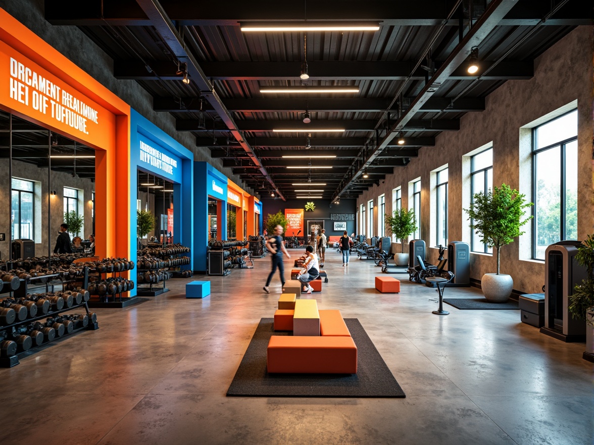 Prompt: Vibrant fitness center, bold color scheme, energetic atmosphere, industrial metal beams, polished concrete floors, neon-lit accents, motivational quotes, athletic equipment, free weights, exercise machines, mirrored walls, high ceilings, natural light, modern architecture, minimalist design, calming blue tones, invigorating orange hues, refreshing green accents, warm beige backgrounds, 1/2 composition, shallow depth of field, softbox lighting, realistic textures.