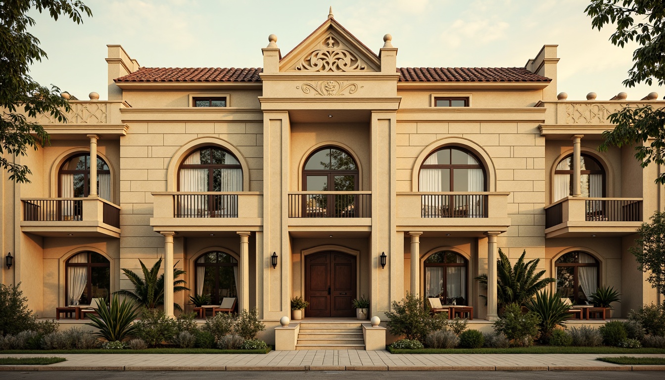 Prompt: Classical social housing facade, warm beige stone cladding, ornate balconies, grand entranceways, symmetrical composition, Corinthian columns, decorative pilasters, arched windows, ornamental roof parapets, soft yellow lighting, warm afternoon sun, shallow depth of field, 1/1 composition, realistic textures, ambient occlusion.