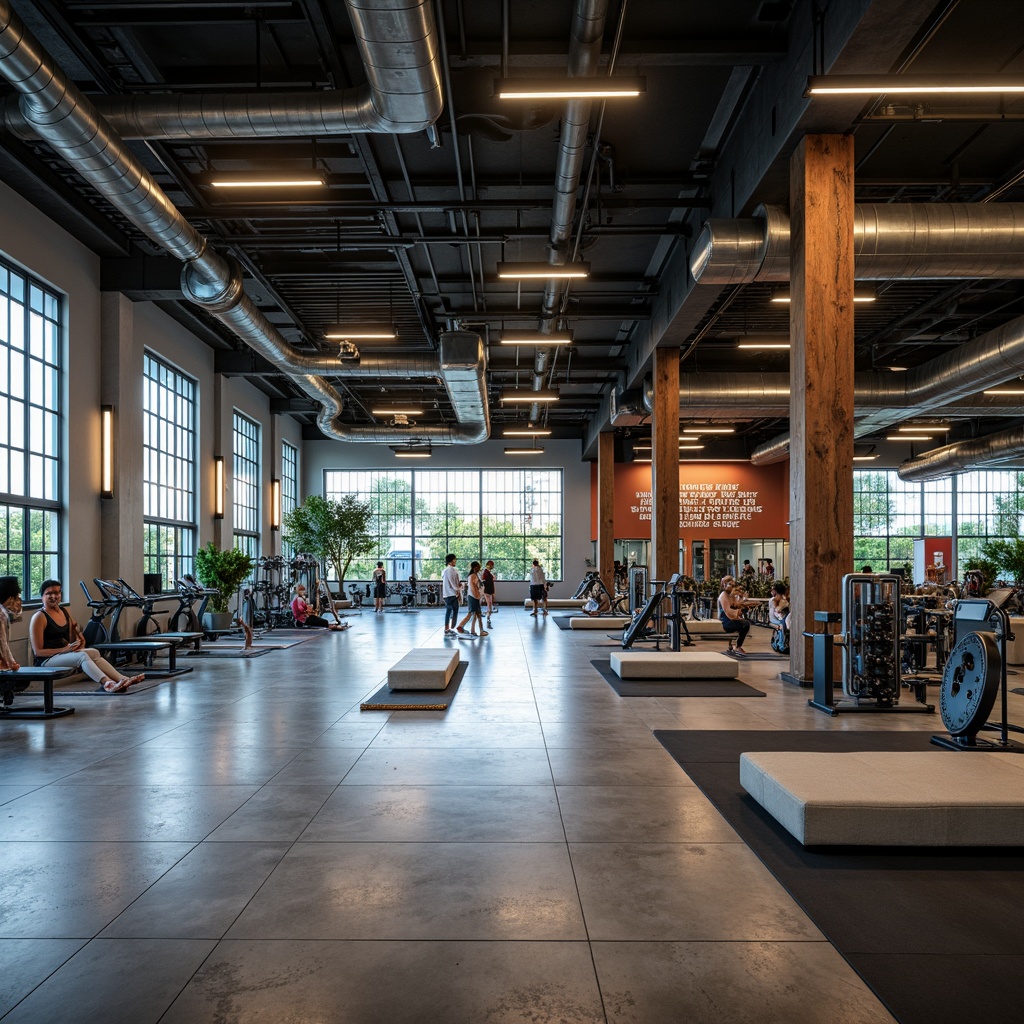 Prompt: Modern fitness center, open-plan layout, polished concrete floors, mirrored walls, industrial-chic lighting fixtures, state-of-the-art exercise equipment, free weights, cardio machines, strength training zones, stretching areas, yoga mats, sound systems, motivational quotes, urban loft-style decor, exposed ductwork, high ceilings, natural light, energizing color schemes, dynamic architectural elements, 3/4 composition, shallow depth of field, realistic textures, ambient occlusion.