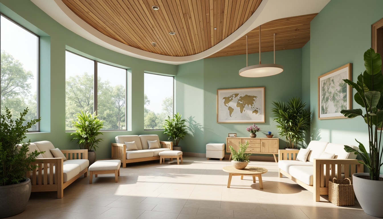 Prompt: \Soothing healthcare center, calming atmosphere, gentle curves, natural wood accents, pastel green walls, creamy white furniture, soft blue undertones, warm beige flooring, comfortable seating areas, lush indoor plants, abundant natural light, subtle texture overlays, 1/2 composition, relaxed ambient lighting, cozy corner spaces.\Please let me know if this meets your requirements or if you need further adjustments!