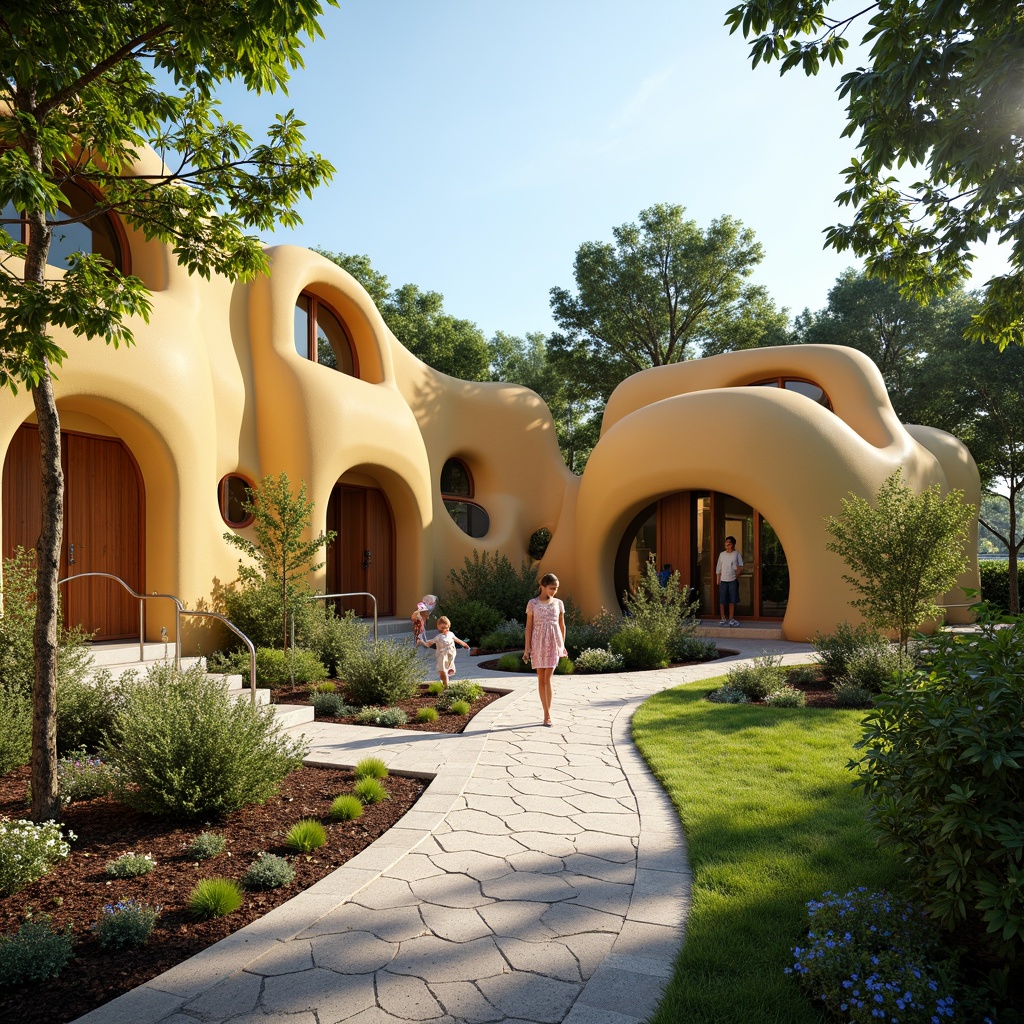 Prompt: Curved kindergarten building, organic shapes, playful blob architecture, bright color scheme, whimsical exterior design, natural wood accents, earthy tone walls, rounded doorways, irregular windows, soft green roof, lush vegetation, blooming flowers, sunny day, warm lighting, shallow depth of field, 1/1 composition, intimate scale, cozy atmosphere, textured stone pathways, wavy metal railings, abstract sculptures, playful murals.