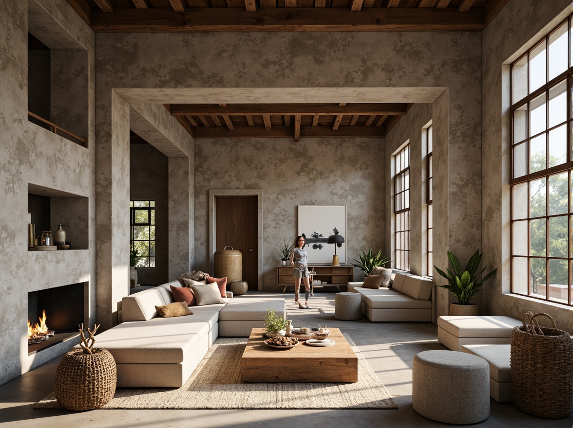 Prompt: Rustic plastered concrete walls, earthy tones, natural textures, organic forms, brutalist architecture, industrial chic decor, reclaimed wood accents, metal beams, exposed ductwork, urban loft atmosphere, soft warm lighting, shallow depth of field, 3/4 composition, realistic textures, ambient occlusion.