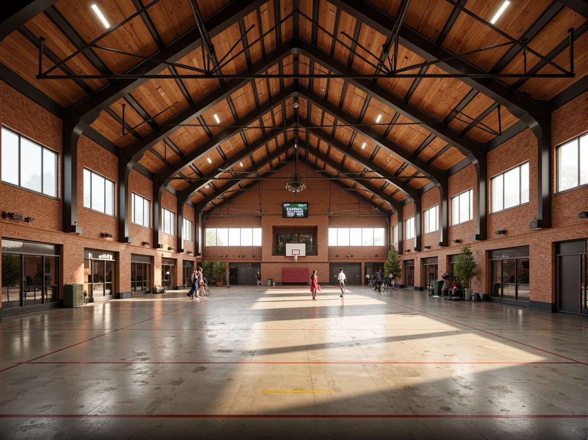 Prompt: Regionalist gymnasium interior, rustic wooden accents, earthy color palette, exposed brick walls, industrial metal beams, functional training zones, modern exercise equipment, athletic tracks, basketball courts, spectator seating areas, natural stone flooring, warm atmospheric lighting, shallow depth of field, 3/4 composition, panoramic view, realistic textures, ambient occlusion.