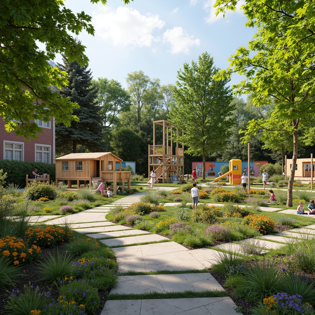 Prompt: Vibrant kindergarten playground, lush greenery, colorful flower beds, winding natural stone pathways, wooden playhouses, rope climbing frames, outdoor musical instruments, educational signage, butterfly gardens, sensory play areas, nature-inspired murals, soft warm lighting, shallow depth of field, 3/4 composition, panoramic view, realistic textures, ambient occlusion.