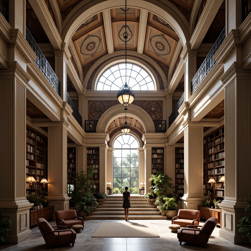 Prompt: Elegant neoclassical library, symmetrical fa\u00e7ade, grand entrance, Doric columns, ornate stone carvings, sweeping arches, high ceilings, natural light flooding, wooden bookshelves, comfortable reading nooks, plush carpets, neutral color palette, subtle texture variations, dramatic chandelier lighting, focal point staircase, radial balance composition, 1/1 aspect ratio, softbox lighting, realistic wood grain textures, ambient Occlusion.