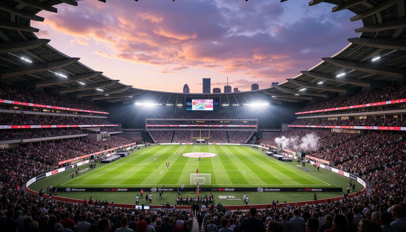 Prompt: Rugged football stadium, angular steel beams, cantilevered roofs, vibrant team colors, dynamic LED lighting, undulating facade patterns, geometric shapes, brutalist architecture, exposed concrete structures, industrial materials, urban cityscape backdrop, dramatic sunset, high-contrast shadows, 1/1 composition, wide-angle lens, cinematic atmosphere, realistic crowd simulation, detailed stadium seating, atmospheric misting effects.