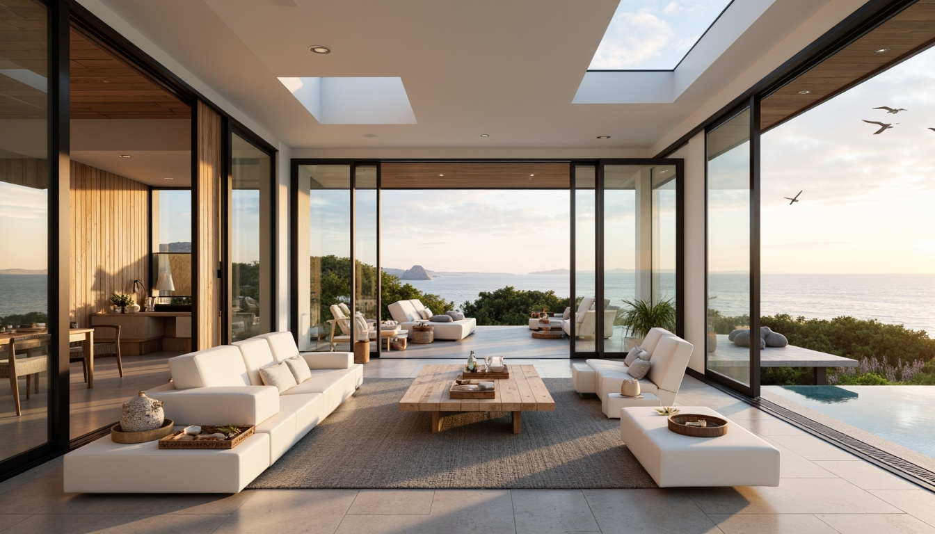 Prompt: Coastal villa, seaside location, ocean views, large windows, sliding glass doors, minimalist interior design, natural stone floors, white walls, wooden accents, beach-inspired decor, nautical colors, soft warm lighting, indirect sunlight, clerestory windows, skylights, open floor plan, high ceilings, transparent railings, outdoor living spaces, infinity pool, ocean breeze, salty air, seagulls flying overhead, dramatic sunset, gentle morning light, 1/1 composition, shallow depth of field, realistic textures, ambient occlusion.