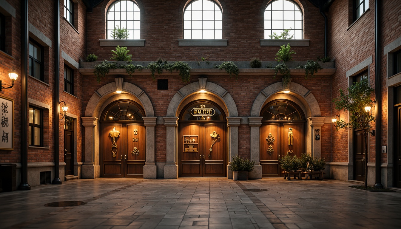 Prompt: Rustic warehouse, Romanesque facade, distressed brick walls, arched windows, industrial metal doors, ornate stone carvings, decorative ironwork, vintage signage, exposed ductwork, reclaimed wood accents, earthy color palette, warm golden lighting, shallow depth of field, 1/2 composition, atmospheric perspective, detailed textures, subtle ambient occlusion.