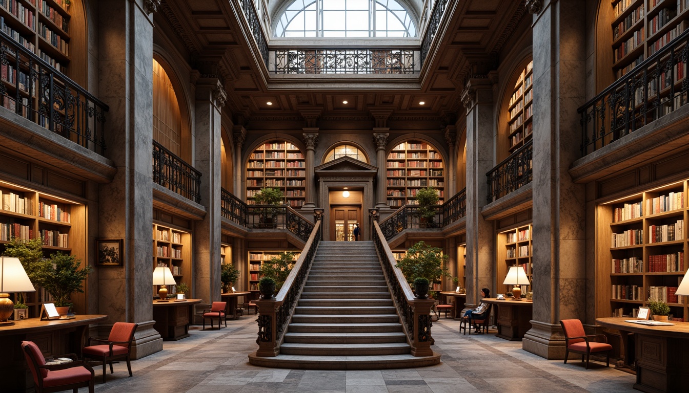 Prompt: Grand library facade, neoclassical architecture, ornate columns, carved marble details, symmetrical composition, rusticated base, grand staircase, elegant lanterns, rich wood tones, leather-bound books, cozy reading nooks, natural stone flooring, high ceilings, large windows, soft warm lighting, subtle shadows, 1/1 composition, realistic textures, ambient occlusion, classical proportions, ornate moldings, refined lines, sophisticated atmosphere.