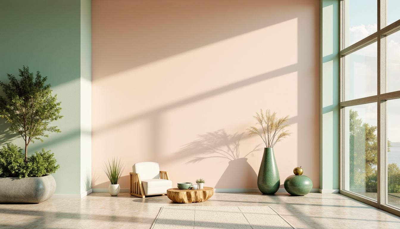 Prompt: Soft peach tones, calming mint greens, creamy whites, warm beige accents, rich wood textures, natural stone backgrounds, elegant gold metallic highlights, subtle gradient transitions, serene ambiance, minimalist decor, modern simplicity, airy spaciousness, abundant natural light, gentle shadows, 3/4 composition, panoramic view, realistic renderings, ambient occlusion.