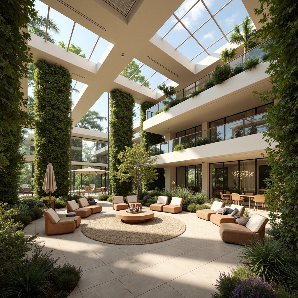 Prompt: Spacious interior, large windows, clerestory windows, skylights, open floor plans, reflective surfaces, minimalist decor, natural textiles, earthy color palette, organic shapes, curved lines, sustainable materials, green roofs, living walls, vertical gardens, abundant foliage, soft warm lighting, high ceilings, airy atmosphere, 1/1 composition, realistic textures, ambient occlusion.