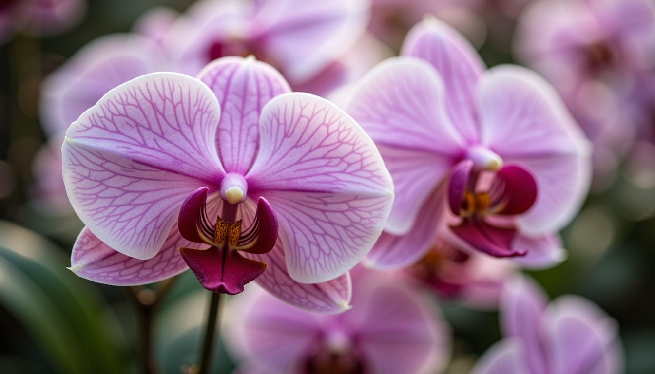 Prompt: Luxuriant orchid flowers, delicate petals, soft pink undertones, rich purple hues, creamy whites, warm golden accents, velvety textures, subtle sheen, natural light, shallow depth of field, 1/2 composition, intimate portrait view, realistic rendering, ambient occlusion, intricate details, elegant simplicity.