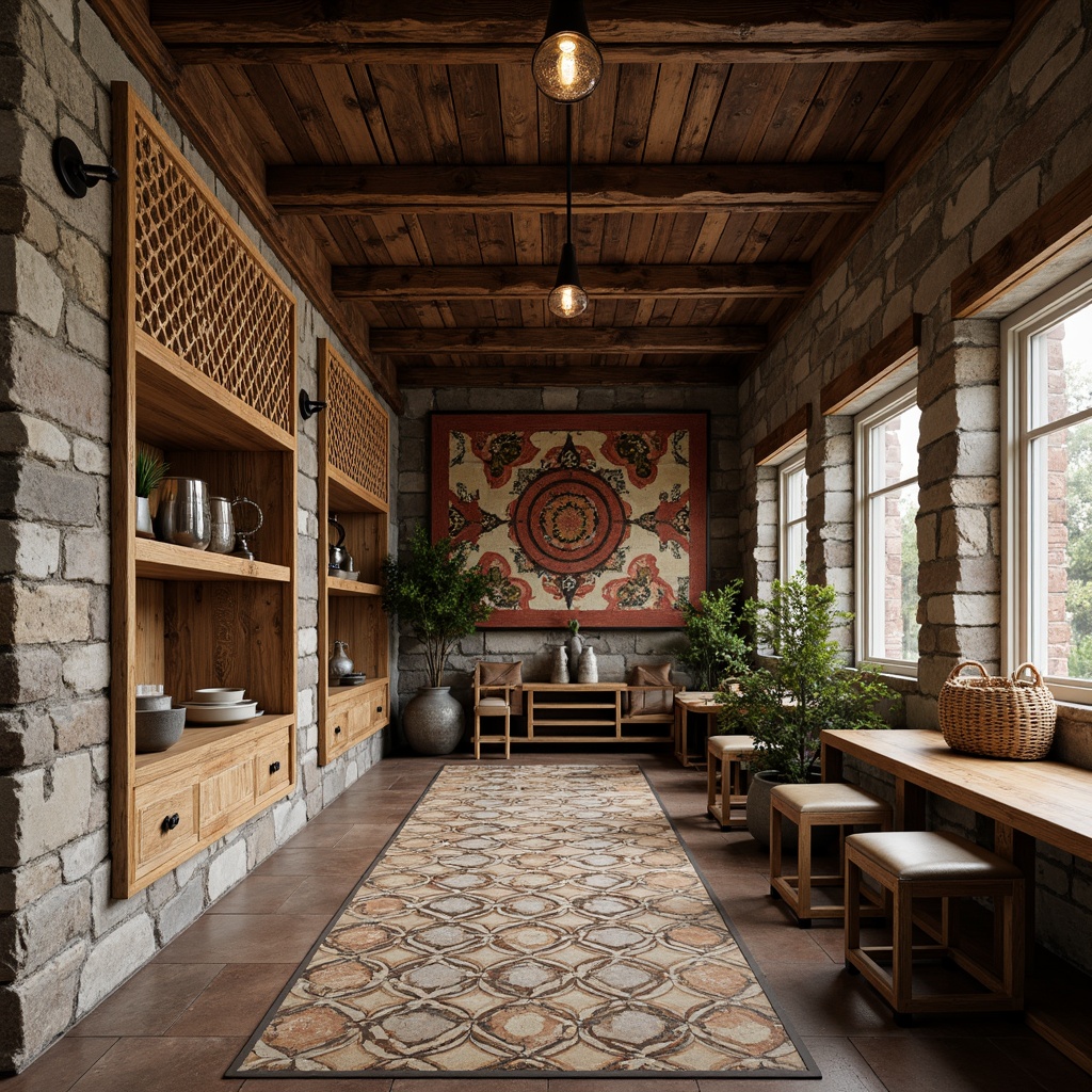 Prompt: Rough-hewn stone walls, distressed wood accents, industrial metal cladding, exposed brick facades, ornate ceramic tiles, intricate mosaic patterns, natural fiber textiles, woven bamboo screens, rustic wooden beams, reclaimed wood flooring, earthy color palette, warm ambient lighting, shallow depth of field, 1/2 composition, realistic renderings, detailed normal maps.