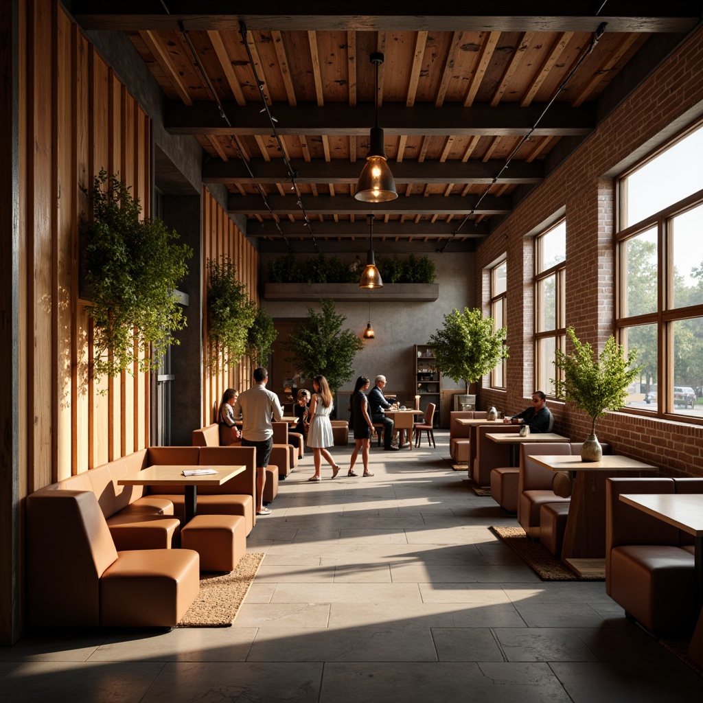 Prompt: Cozy coffee shop interior, warm wooden accents, rich brown leather sofas, rustic brick walls, modern minimalist tables, pendant light fixtures, natural stone flooring, lush greenery, industrial metal beams, eclectic vintage decor, soft warm lighting, shallow depth of field, 3/4 composition, realistic textures, ambient occlusion.