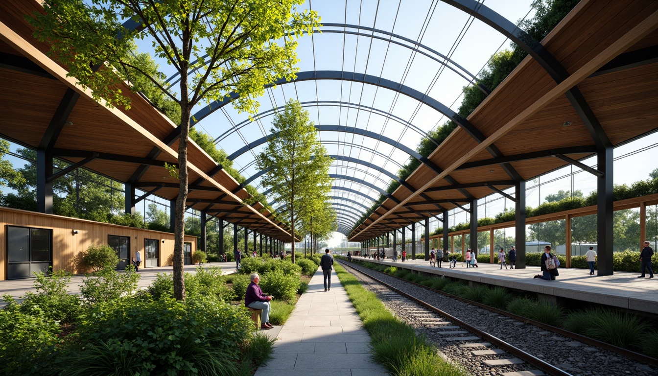 Prompt: Sustainable train station, natural light, recycled metal framework, green roofs, solar panels, rainwater harvesting systems, energy-efficient lighting, wooden accents, bamboo flooring, living walls, lush vegetation, modern minimalist architecture, curved lines, futuristic design, ambient occlusion, shallow depth of field, 3/4 composition, panoramic view, realistic textures.